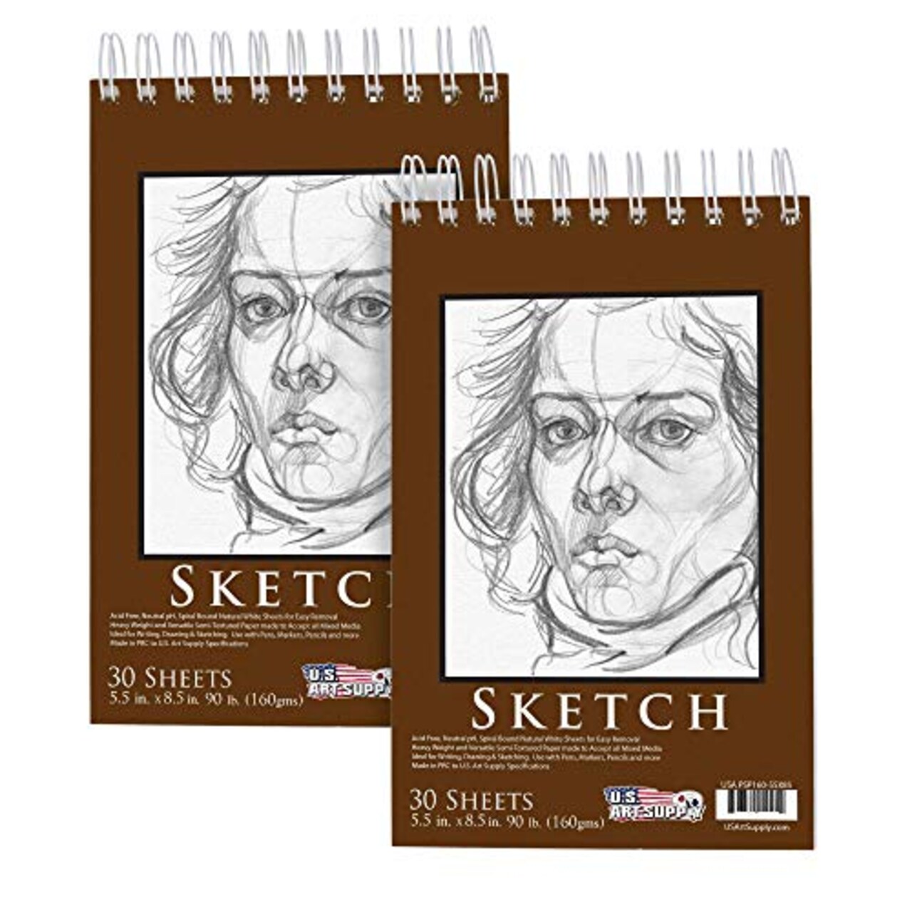 5.5" x 8.5" Top Spiral Bound Sketch Book Pad, Pack of 2, 30 Sheets Each, 90lb (160gsm) - Acid-Free Heavyweight Paper, Artist Sketching Drawing Pad - Pencils, Charcoal - Adults, Student